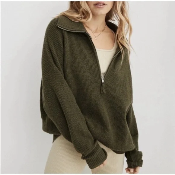 Aerie Women's Sweater CozyUp Waffle Knit Quarter Zip Gray Boxy Oversized Sz S - Picture 8 of 8